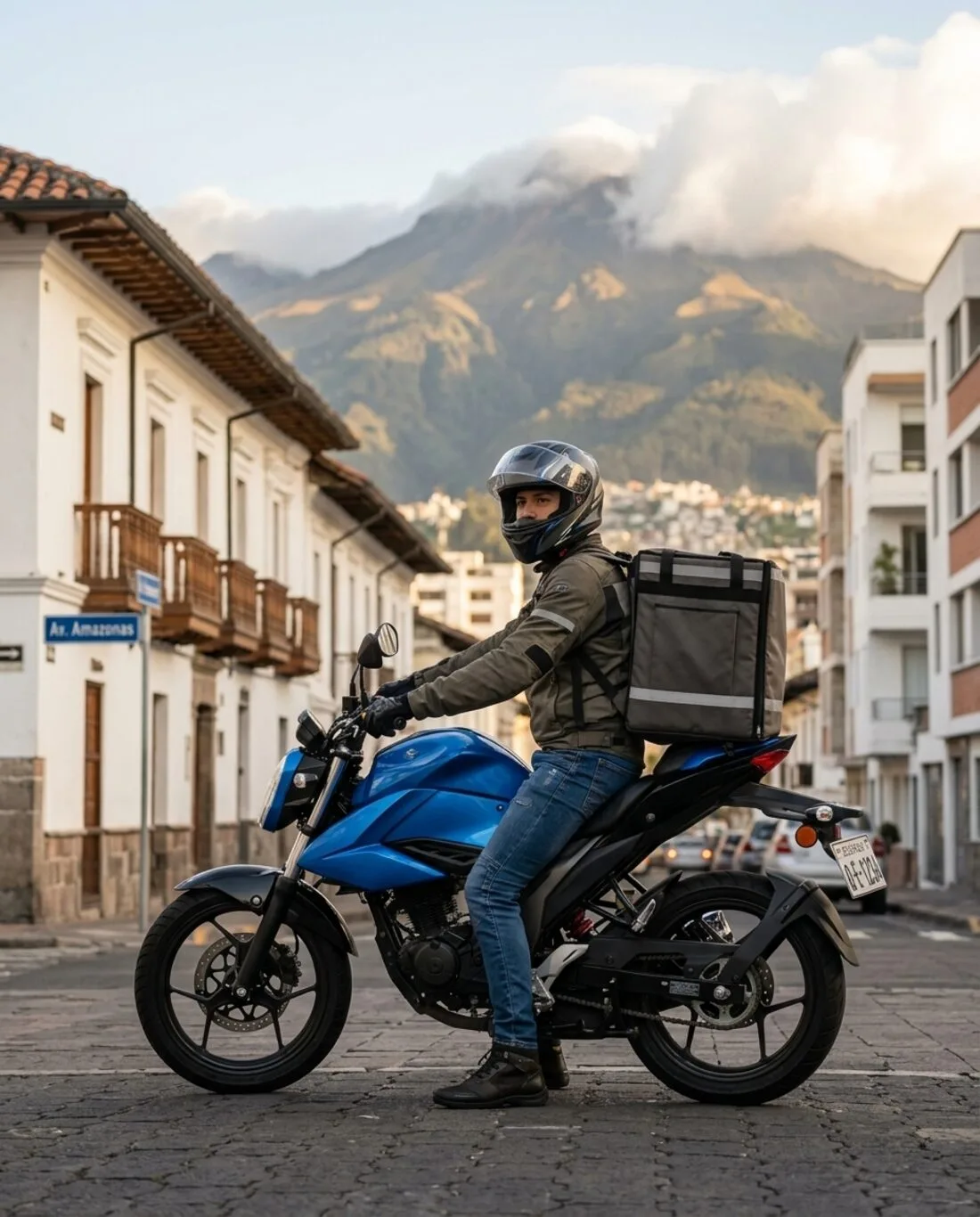 Moto urbana en calle de Quito con vista a la montaña