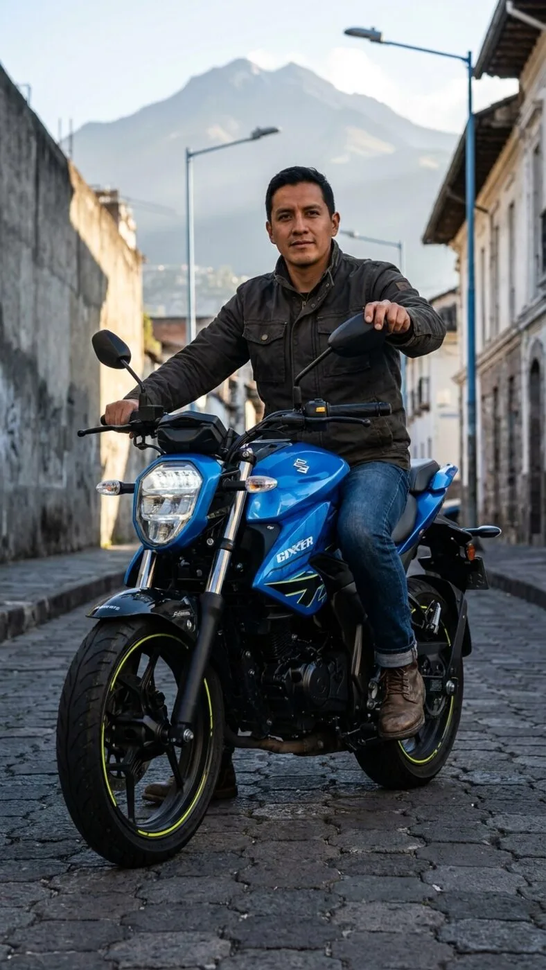Joven trabajador con Suzuki Gixxer en el centro de Quito