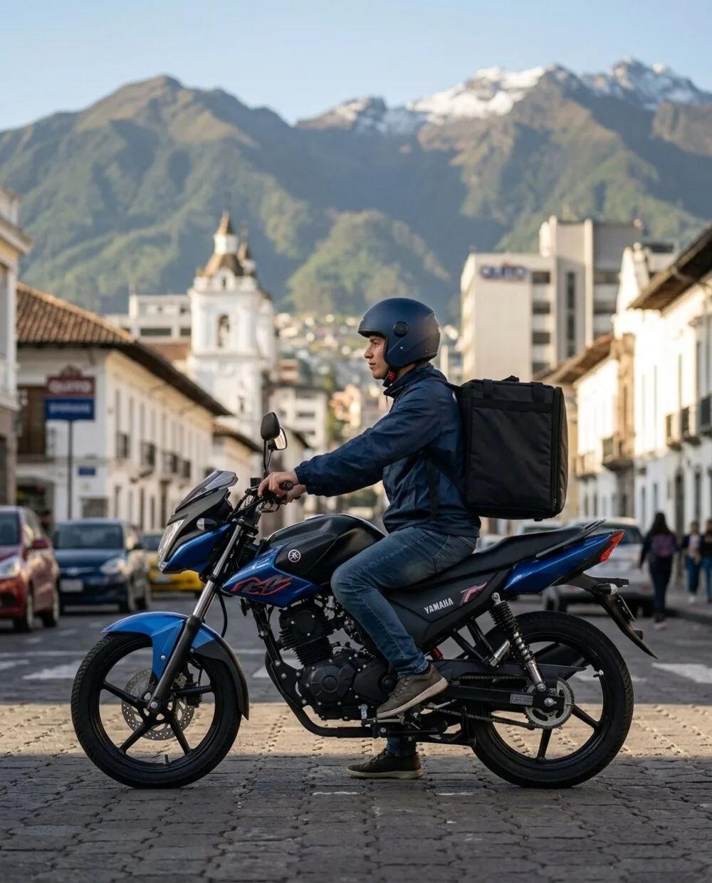 Joven en Yamaha por una calle colonial de Quito